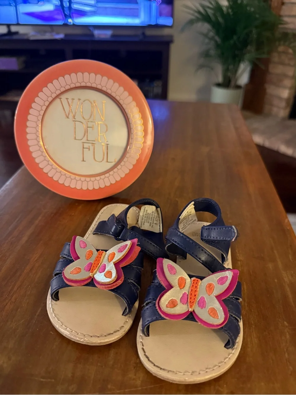 Girls Navy Butterfly Strap Sandals with Pink Accent